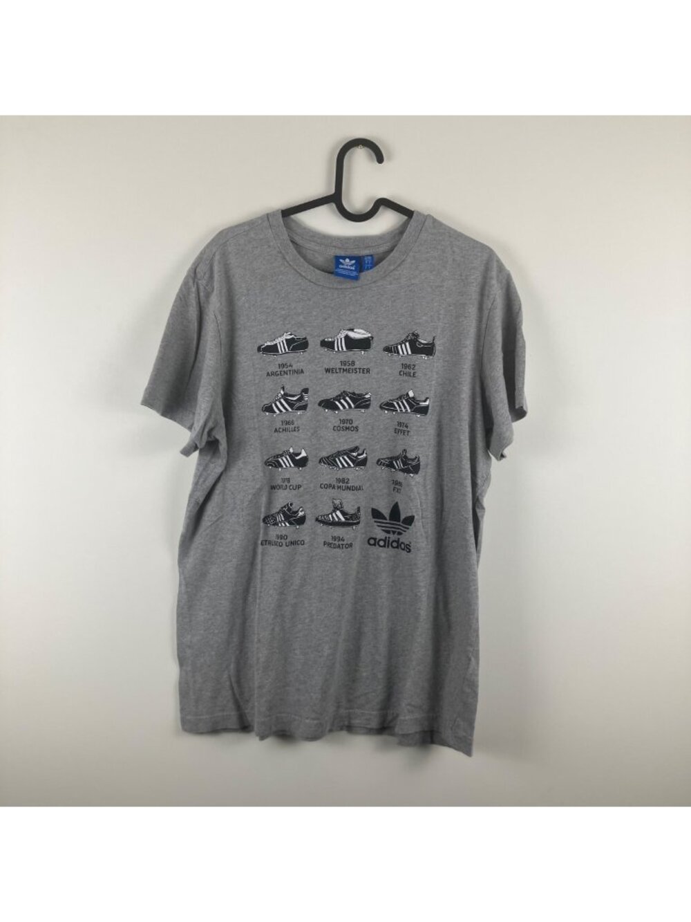 Adidas Originals Mens Grey Graphic Tee Featuring Iconic Sneakers Timeline Size L